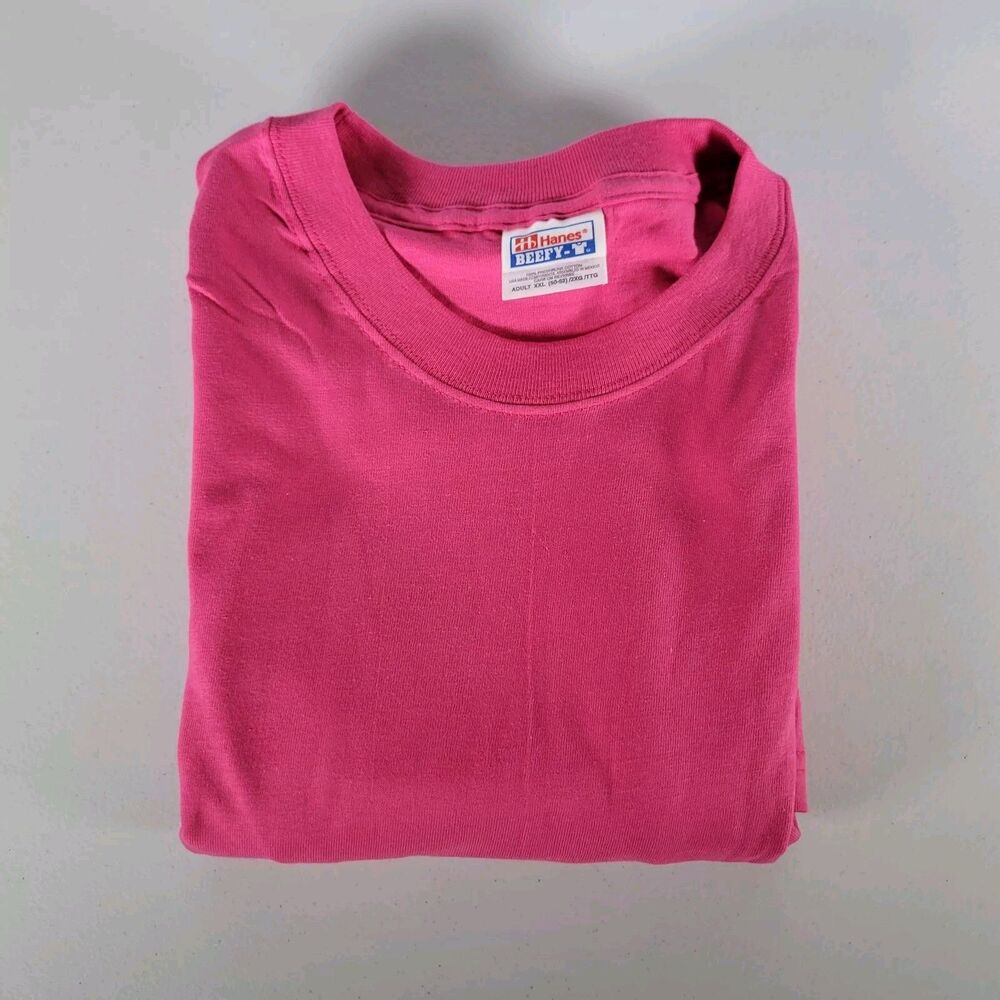 VTG 90s Hanes Beefy 2XL XXL Blank Pink Plain Surf Skate Cotton T-Shirt NOS